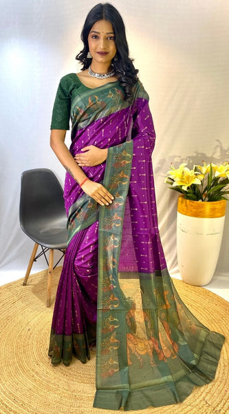 Desiring Purple Printed Soft Chanderi Silk Saree With Prettiest Blouse Piece