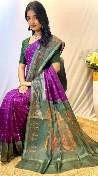 Desiring Purple Printed Soft Chanderi Silk Saree With Prettiest Blouse Piece