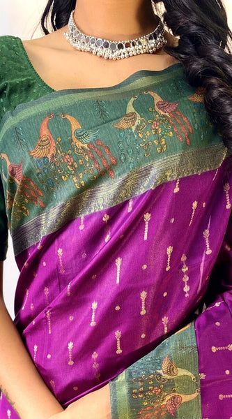 Desiring Purple Printed Soft Chanderi Silk Saree With Prettiest Blouse Piece