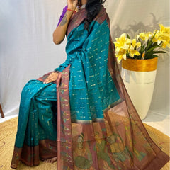 Traditional Rama Printed Soft Chanderi Silk Saree With Comely Blouse Piece