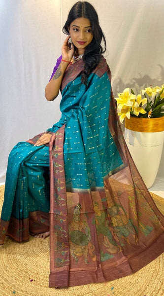 Traditional Rama Printed Soft Chanderi Silk Saree With Comely Blouse Piece