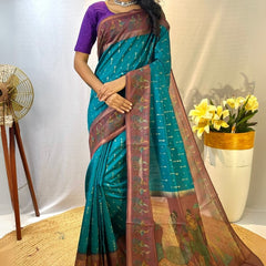Traditional Rama Printed Soft Chanderi Silk Saree With Comely Blouse Piece
