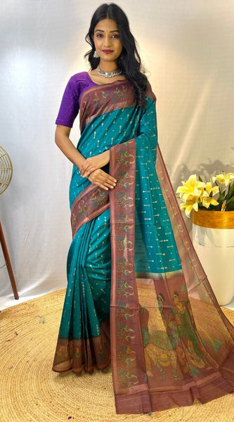 Traditional Rama Printed Soft Chanderi Silk Saree With Comely Blouse Piece