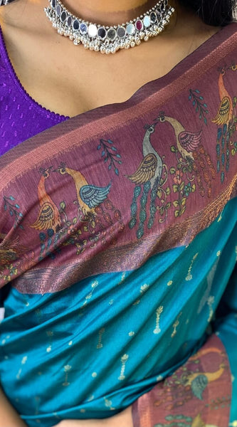 Traditional Rama Printed Soft Chanderi Silk Saree With Comely Blouse Piece