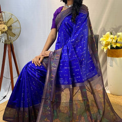 Evocative Royal Blue Printed Soft Chanderi Silk Saree With Excellent Blouse Piece