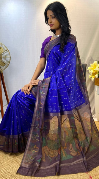 Evocative Royal Blue Printed Soft Chanderi Silk Saree With Excellent Blouse Piece