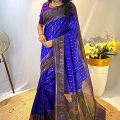 Evocative Royal Blue Printed Soft Chanderi Silk Saree With Excellent Blouse Piece