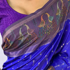Evocative Royal Blue Printed Soft Chanderi Silk Saree With Excellent Blouse Piece