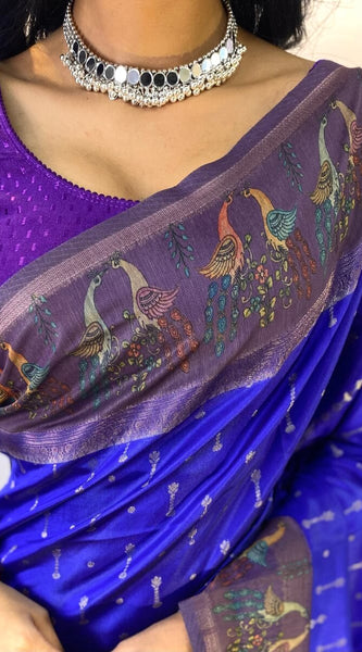 Evocative Royal Blue Printed Soft Chanderi Silk Saree With Excellent Blouse Piece
