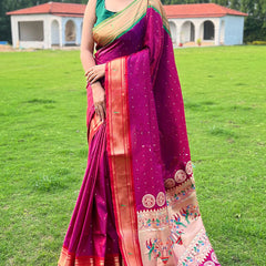 Demanding Dark Pink Paithani Silk Saree With Surpassing Blouse Piece