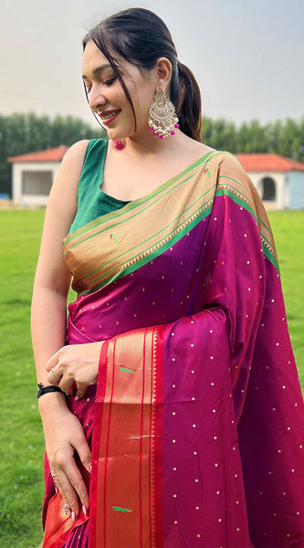 Demanding Dark Pink Paithani Silk Saree With Surpassing Blouse Piece