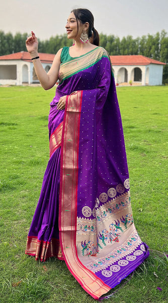 Blissful Purple Paithani Silk Saree With Brood Blouse Piece