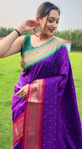 Blissful Purple Paithani Silk Saree With Brood Blouse Piece