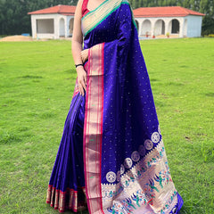 Incredible Royal Blue Paithani Silk Saree With Tempting Blouse Piece