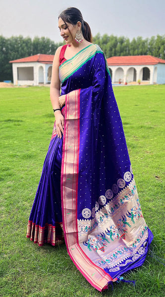 Incredible Royal Blue Paithani Silk Saree With Tempting Blouse Piece