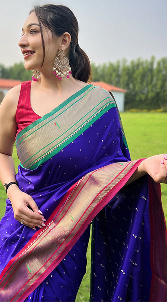 Incredible Royal Blue Paithani Silk Saree With Tempting Blouse Piece
