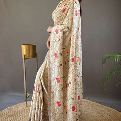 Precious Beige Embroidery Work Tussar Silk Saree With Phenomenal Blouse Piece