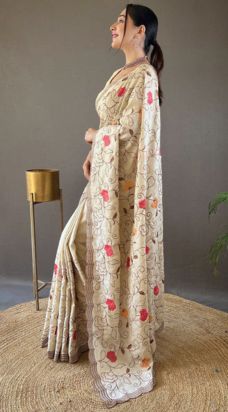 Precious Beige Embroidery Work Tussar Silk Saree With Phenomenal Blouse Piece