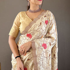 Precious Beige Embroidery Work Tussar Silk Saree With Phenomenal Blouse Piece