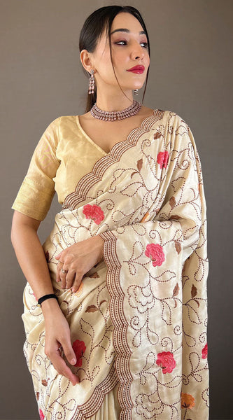 Precious Beige Embroidery Work Tussar Silk Saree With Phenomenal Blouse Piece