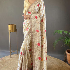 Precious Beige Embroidery Work Tussar Silk Saree With Phenomenal Blouse Piece