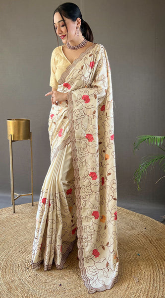 Precious Beige Embroidery Work Tussar Silk Saree With Phenomenal Blouse Piece