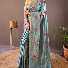 Demure Firozi Embroidery Work Tussar Silk Saree With Fugacious Blouse Piece