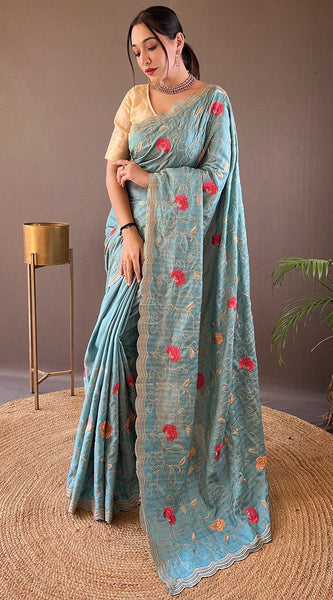 Demure Firozi Embroidery Work Tussar Silk Saree With Fugacious Blouse Piece
