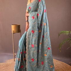 Demure Firozi Embroidery Work Tussar Silk Saree With Fugacious Blouse Piece
