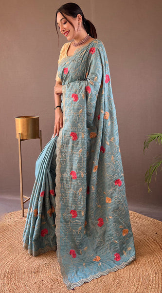 Demure Firozi Embroidery Work Tussar Silk Saree With Fugacious Blouse Piece