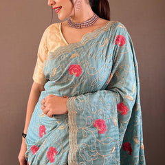 Demure Firozi Embroidery Work Tussar Silk Saree With Fugacious Blouse Piece