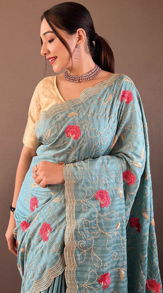 Demure Firozi Embroidery Work Tussar Silk Saree With Fugacious Blouse Piece