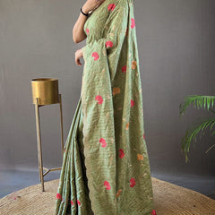 Quintessential Green Embroidery Work Tussar Silk Saree With Susurrous Blouse Piece