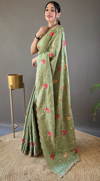 Quintessential Green Embroidery Work Tussar Silk Saree With Susurrous Blouse Piece