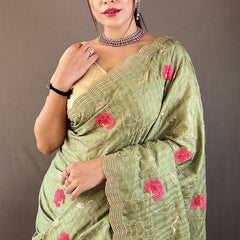Quintessential Green Embroidery Work Tussar Silk Saree With Susurrous Blouse Piece