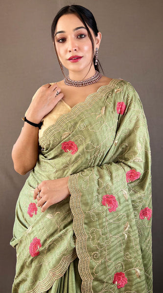Quintessential Green Embroidery Work Tussar Silk Saree With Susurrous Blouse Piece