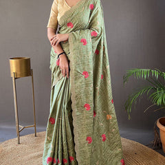 Quintessential Green Embroidery Work Tussar Silk Saree With Susurrous Blouse Piece