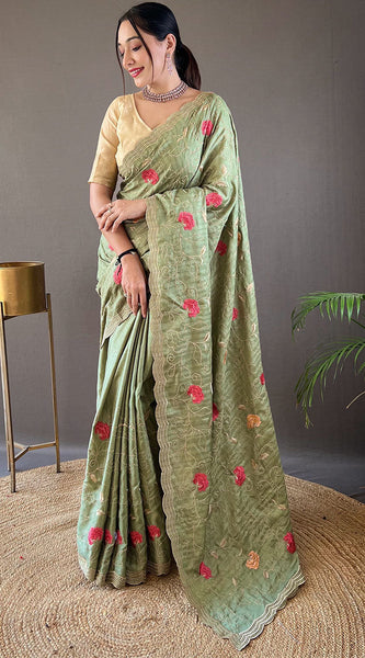 Quintessential Green Embroidery Work Tussar Silk Saree With Susurrous Blouse Piece