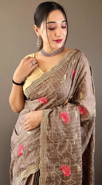 Magnetic Grey Embroidery Work Tussar Silk Saree With Staggering Blouse Piece