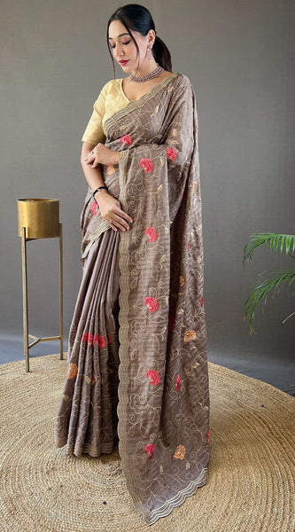 Magnetic Grey Embroidery Work Tussar Silk Saree With Staggering Blouse Piece