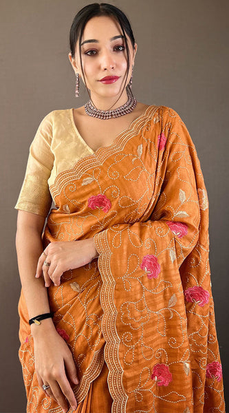 Amiable Orange Embroidery Work Tussar Silk Saree With Fragrant Blouse Piece