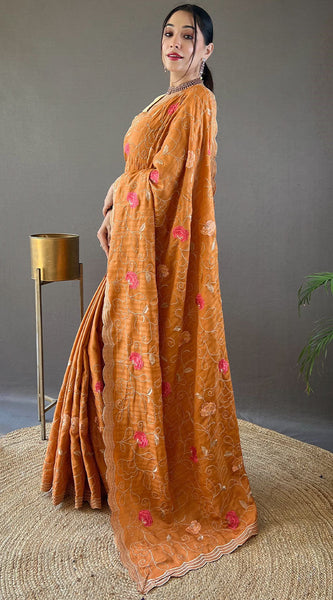 Amiable Orange Embroidery Work Tussar Silk Saree With Fragrant Blouse Piece