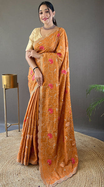 Amiable Orange Embroidery Work Tussar Silk Saree With Fragrant Blouse Piece