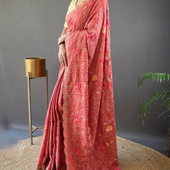 Tempting Pink Embroidery Work Tussar Silk Saree With Imaginative Blouse Piece