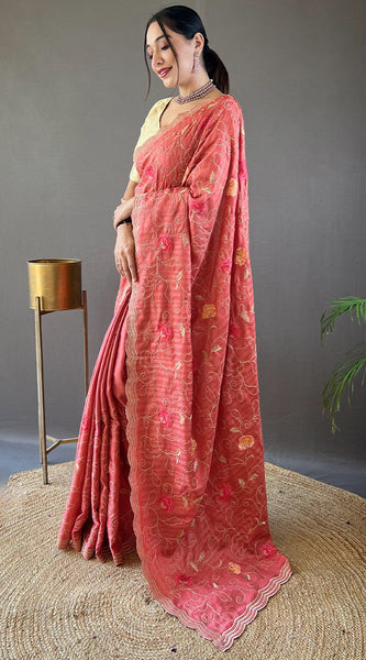 Tempting Pink Embroidery Work Tussar Silk Saree With Imaginative Blouse Piece