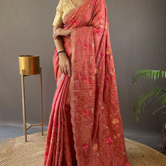 Tempting Pink Embroidery Work Tussar Silk Saree With Imaginative Blouse Piece