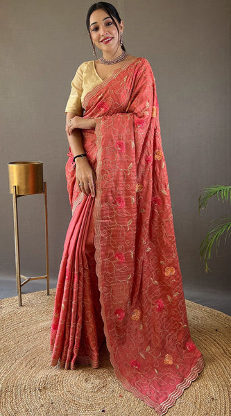 Tempting Pink Embroidery Work Tussar Silk Saree With Imaginative Blouse Piece
