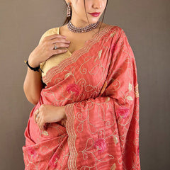 Tempting Pink Embroidery Work Tussar Silk Saree With Imaginative Blouse Piece