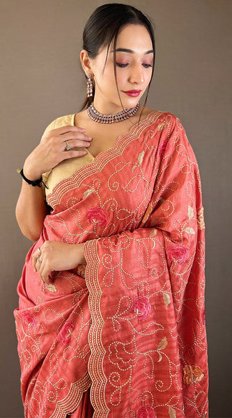 Tempting Pink Embroidery Work Tussar Silk Saree With Imaginative Blouse Piece