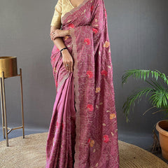 Whimsical Wine Embroidery Work Tussar Silk Saree With Elaborate Blouse Piece